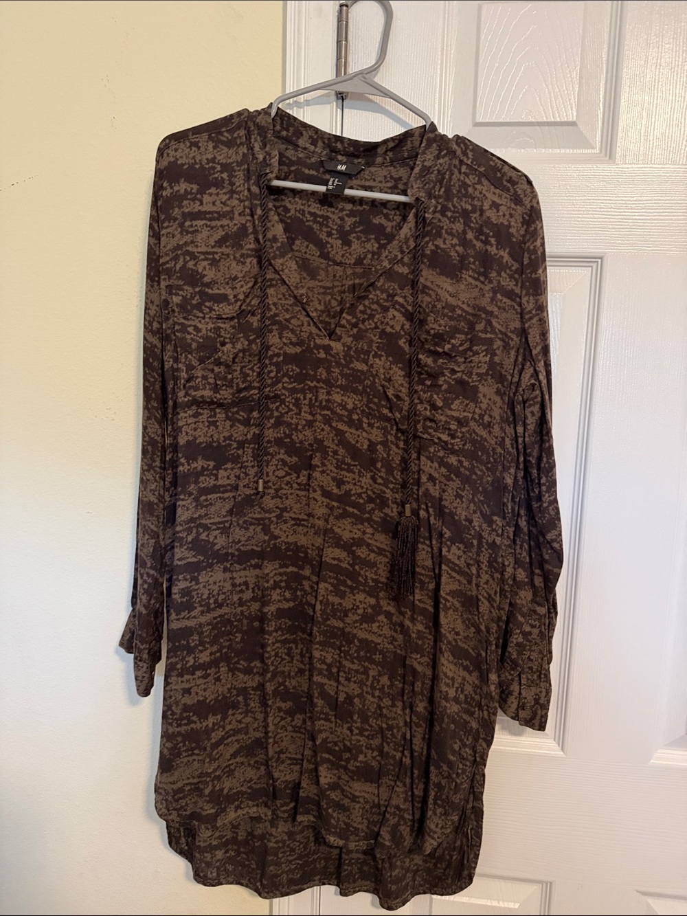 H&M Brown Patterned V-Neck Tunic with Tassel Drawstrings